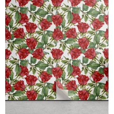 Ambesonne Garden Peel & Stick Wallpaper for Home, Roses Branches Flora Plot, 13"x36", Scarlet and Reseda Green