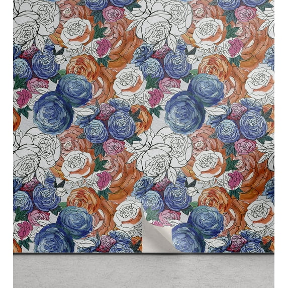 Ambesonne Garden Peel & Stick Wallpaper for Home, Sketchy Roses Hand-Drawn, 13"x100", Pale Vermilion and Dark Blue