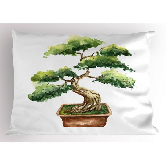Ambesonne Garden Pillow Sham, Watercolor Bonsai Hand Drawn, 26" X 20", Pale Brown Green