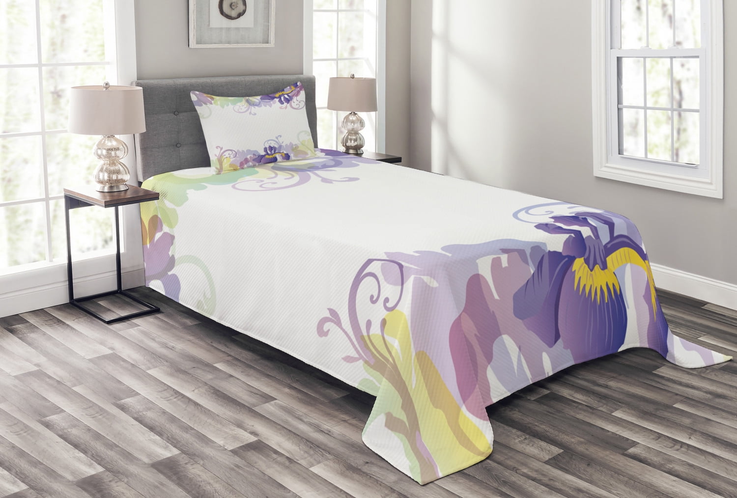 Twin Size Purple and Green Floral Polyester Bedspread Set