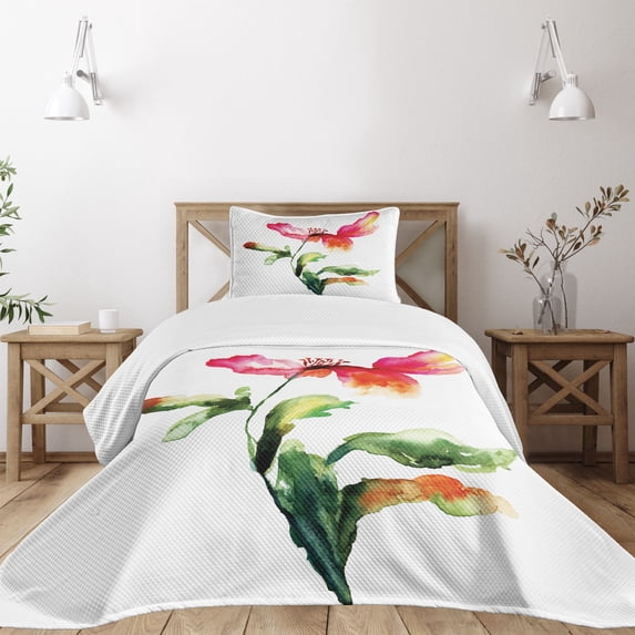 Ambesonne Garden Quilted Bedspread Set 2 Pcs, Flowering Poppy, Twin Size, Red Green White