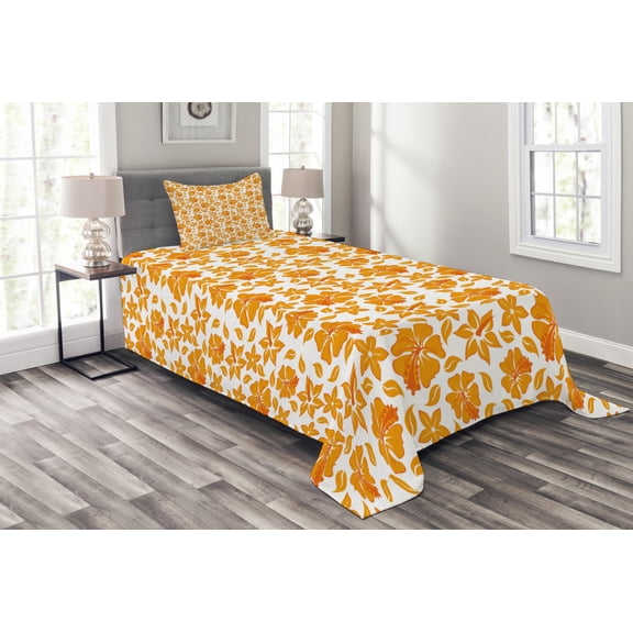 Ambesonne Garden Quilted Bedspread Set 2 Pcs, Hibiscus Flourish, Twin Size, Orange White