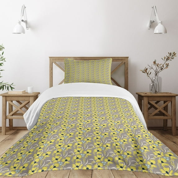 Ambesonne Garden Quilted Bedspread Set 2 Pcs, Meadow Inspired Spring, Twin Size, Indigo Yellow Taupe