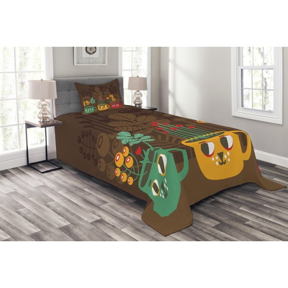 Ambesonne Garden Quilted Bedspread Set 2 Pcs, Plants in Cups Pottery, Twin Size, Multicolor