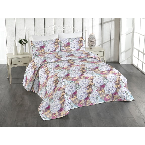 Ambesonne Garden Quilted Bedspread Set 3 Pcs, Circular Flowers Butterflies, Queen, Dark Teal and Pale Fuchsia