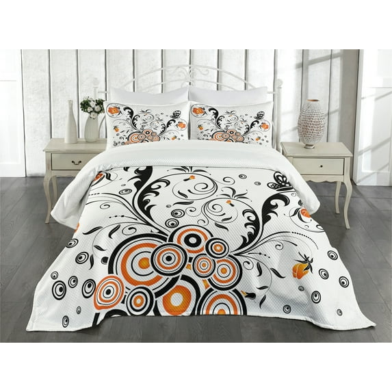 Ambesonne Garden Quilted Bedspread Set 3 Pcs, Circular Petals Butterfly, Queen Size, Orange Black White