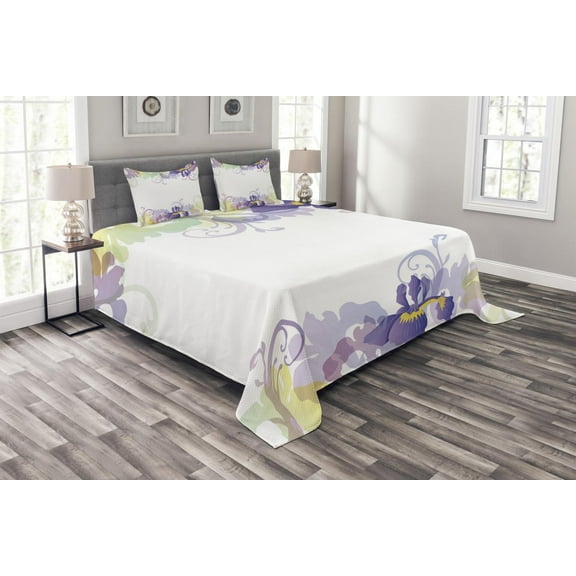 Ambesonne Garden Quilted Bedspread Set 3 Pcs, Classic Petals Pastel, Queen Size, Purple Pale Green