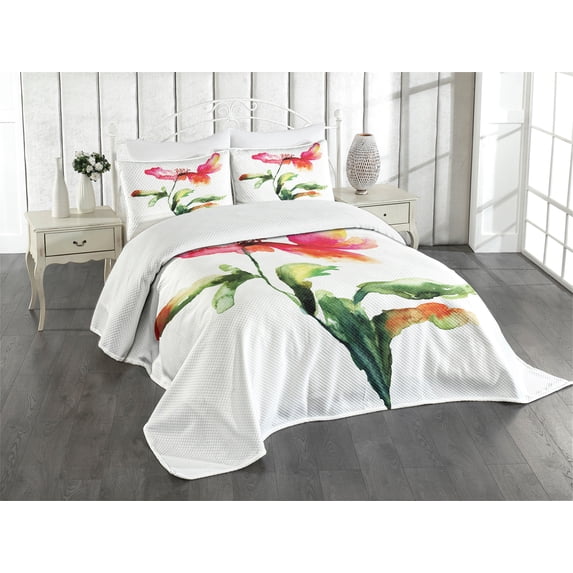 Ambesonne Garden Quilted Bedspread Set 3 Pcs, Flowering Poppy, King Size, Red Green White