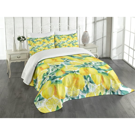 Ambesonne Garden Quilted Bedspread Set 3 Pcs, Lemon Citrus Branches, Queen Size, Forest Green Yellow