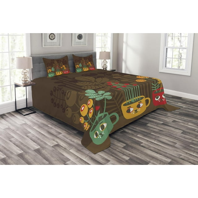 Ambesonne Garden Quilted Bedspread Set 3 Pcs, Plants in Cups Pottery, King Size, Multicolor