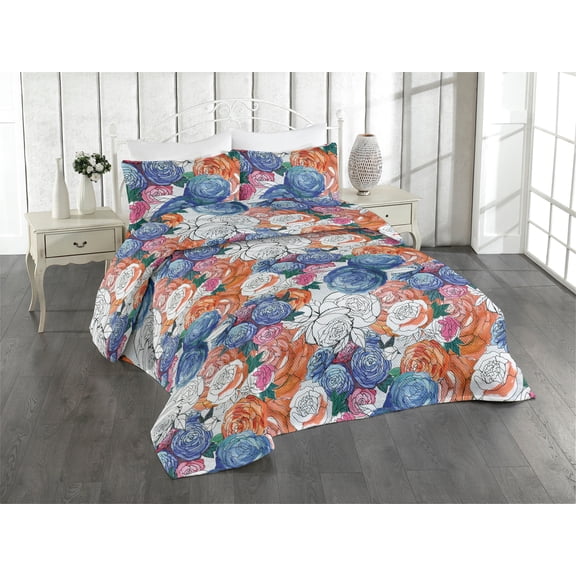 Ambesonne Garden Quilted Bedspread Set 3 Pcs, Sketchy Roses Hand-Drawn, Twin, Pale Vermilion and Dark Blue