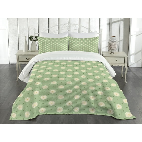 Ambesonne Garden Quilted Bedspread Set 3 Pcs, Spring Plants Yard, Queen Size, Pale Green Cream Yellow