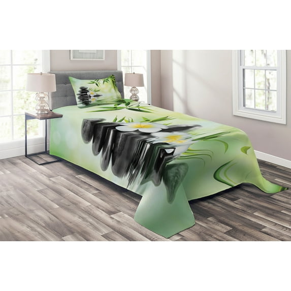 Ambesonne Garden Quilted Coverlet 2 Pcs, Frangipani Flowers Japanese, Twin Size, Charcoal Grey and Pale Green