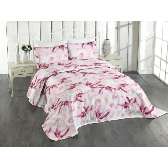Ambesonne Garden Quilted Coverlet 2 Pcs, Magnolias Exotic Pattern, Twin Size, Pale Fuchsia and Soft Pink