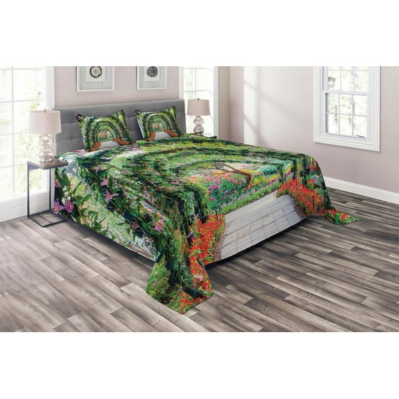 Ambesonne Garden Quilted Coverlet 3 Pcs, Flower Arches Plants, King Size, Green Red