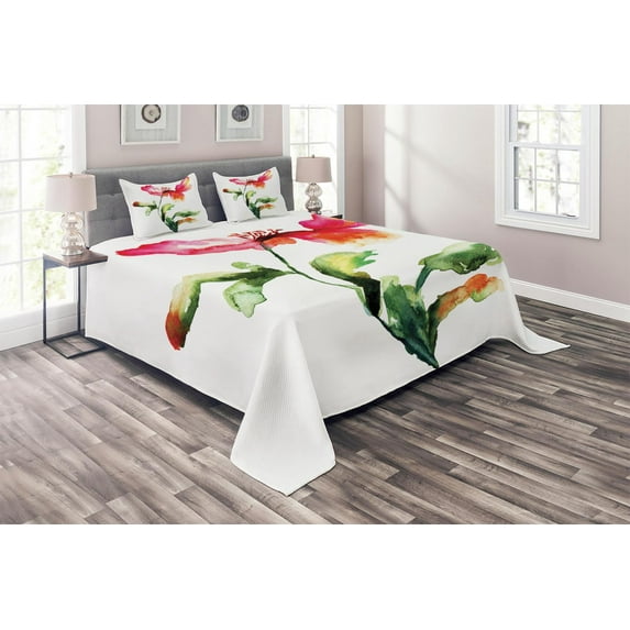 Ambesonne Garden Quilted Coverlet 3 Pcs, Flowering Poppy, King Size, Red Green White