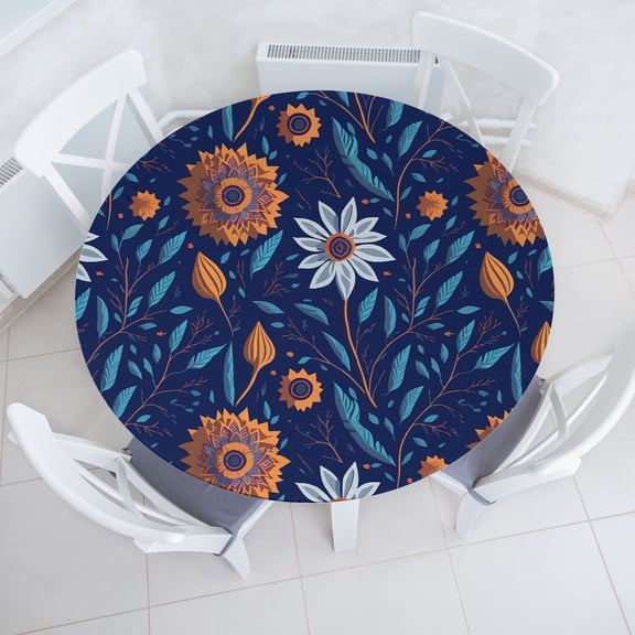 Ambesonne Garden Retro Fitted Round Tablecloth, Fantasy Print Flowers, 40"- 44" Diameter, Pale Orange Sea Blue