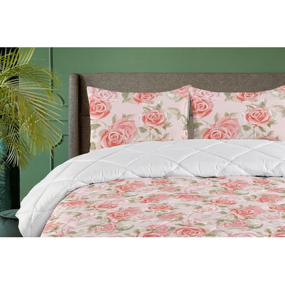 Ambesonne Garden Scene Down Alternative Quilt Comforter, Innocent Rose Flowers, Queen, Coral Peacock Green Blush