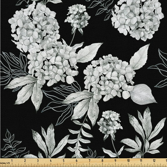 Ambesonne Garden Scene Fabric by the Yard Upholstery, Botany Hydrangea Print, 2 Yards, Charcoal Grey White