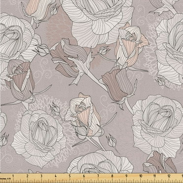 Ambesonne Garden Scene Fabric by the Yard Upholstery, Simple Rose Pattern, 1 Yard, Pale Purpleblue and Eggshell