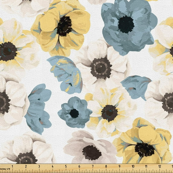 Ambesonne Garden Scene Fabric by the Yard Upholstery, Watercolor Boho Floral, 2 Yards, Dark Turquoise and Mustard