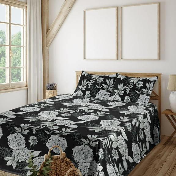 Ambesonne Garden Scene Fitted & Flat Sheet with Sham 3 Pcs Set, Botany Hydrangea Print, Twin, Charcoal Grey White