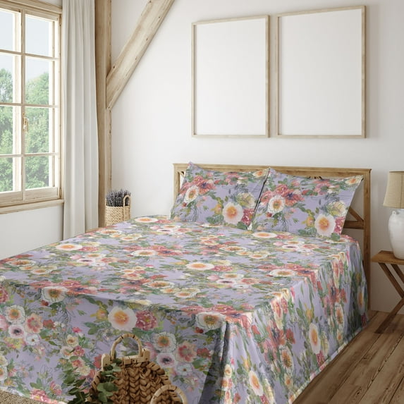 Ambesonne Garden Scene Fitted & Flat Sheet with Sham 3 Pcs Set, Spring Delicate Floral, Twin XL, Pale Lavender Multicolor