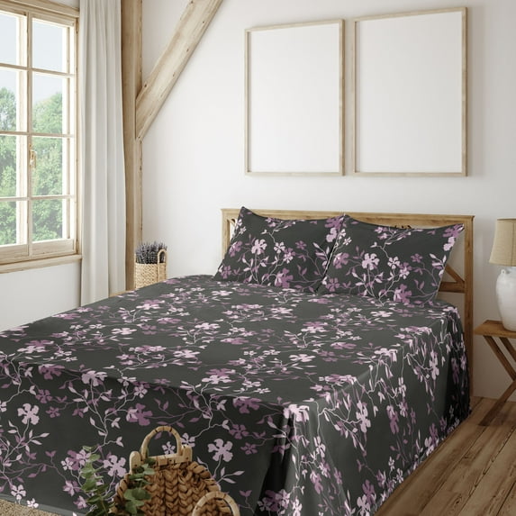 Ambesonne Garden Scene Fitted & Flat Sheet with Sham 3 Pcs Set, Spring Floral Art Boho, Twin XL, Mauve Rose Charcoal Grey