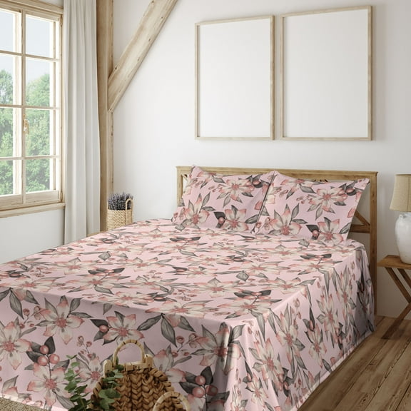 Ambesonne Garden Scene Fitted & Flat Sheet with Shams 4 Pcs Set, Boho Delicate Floral, Calking, Pastel Pink Champagne