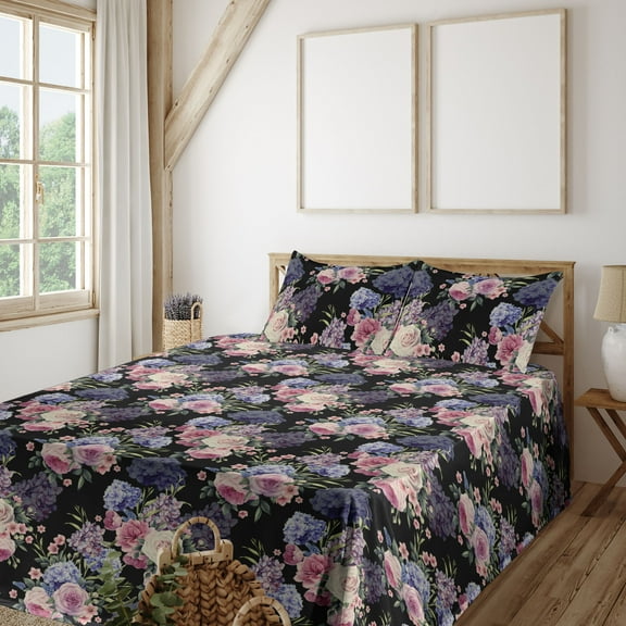 Ambesonne Garden Scene Fitted & Flat Sheet with Shams 4 Pcs Set, Romantic Flower Exotic, Full, Pistachio Green Lilac