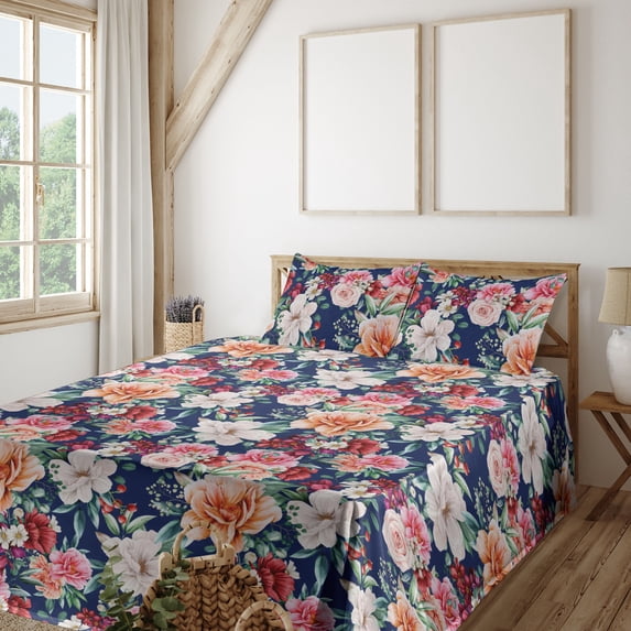 Ambesonne Garden Scene Fitted & Flat Sheet with Shams 4 Pcs Set, Vintage Leaves Art, King, Pale Vermilion Eggshell