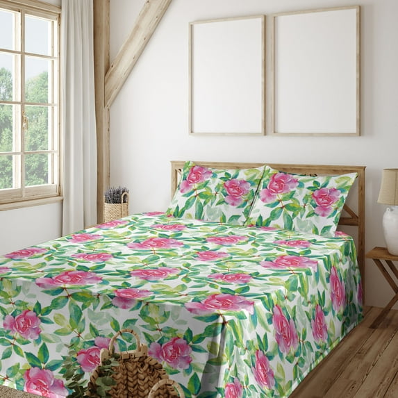 Ambesonne Garden Scene Fitted & Flat Sheet with Shams 4 Pcs Set, Watercolor Boho Floral, Queen, Hot Pink Fern Green White