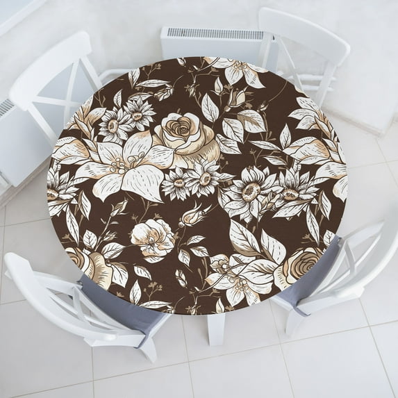 Ambesonne Garden Scene Fitted Round Tablecloth, Traditional Floral Art, 36"- 40" Diameter, Cream White Dark Sepia