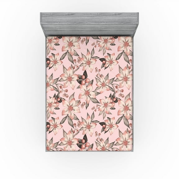 Ambesonne Garden Scene Fitted Sheet, Boho Delicate Floral, California King, Pastel Pink Champagne