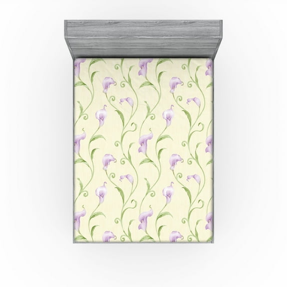 Ambesonne Garden Scene Fitted Sheet, Lavender Soft Floral, California King, Avocado Green Pale Lilac