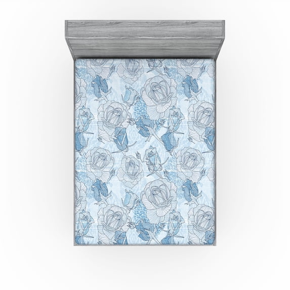 Ambesonne Garden Scene Fitted Sheet, Modern Rose Art Floral, Queen Size, Sea Blue Soft Blue