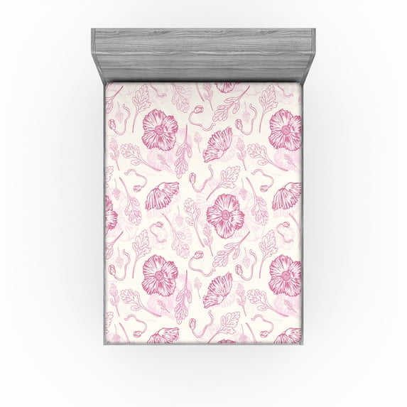 Ambesonne Garden Scene Fitted Sheet, Neutral Boho Poppy Art, Queen Size, Off White Pale Fuchsia