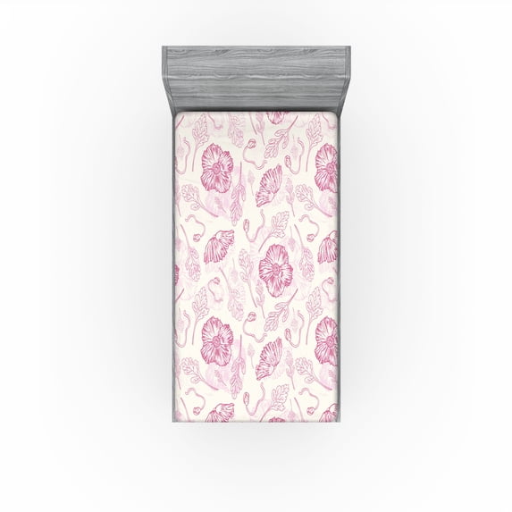 Ambesonne Garden Scene Fitted Sheet, Neutral Boho Poppy Art, Twin XL Size, Off White Pale Fuchsia