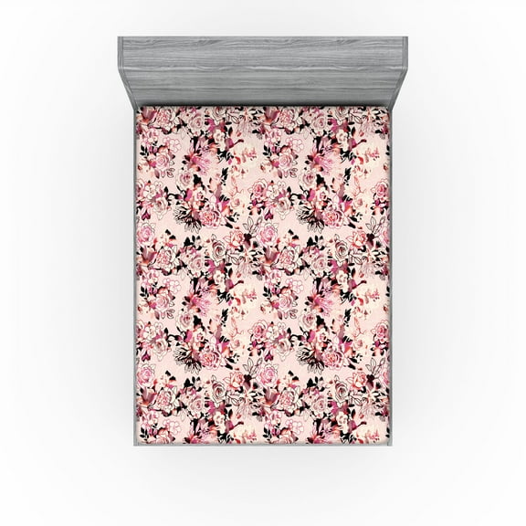 Ambesonne Garden Scene Fitted Sheet, Simple Dreamy Floral, Queen Size, Pale Pink Dark Coral
