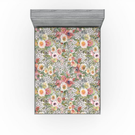Ambesonne Garden Scene Fitted Sheet, Spring Botany Flowers, Queen Size, Pale Purpleblue Off White