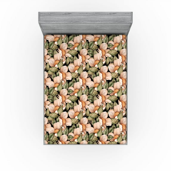 Ambesonne Garden Scene Fitted Sheet, Spring Floral Design, California King, Pale Olive Green Blush