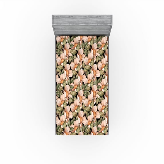 Ambesonne Garden Scene Fitted Sheet, Spring Floral Design, Twin XL Size, Pale Olive Green Blush