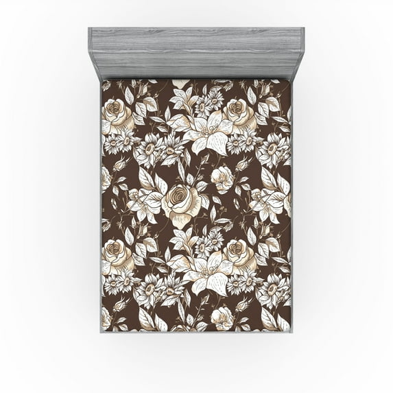 Ambesonne Garden Scene Fitted Sheet, Traditional Floral Art, King Size, Cream White Dark Sepia