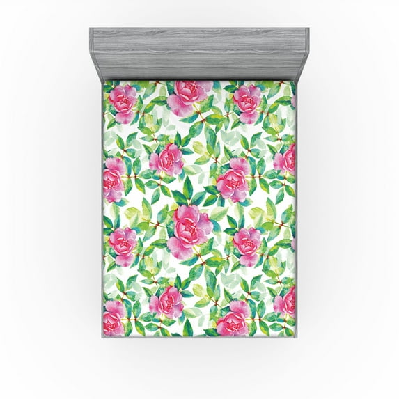 Ambesonne Garden Scene Fitted Sheet, Watercolor Boho Floral, California King, Hot Pink Fern Green White