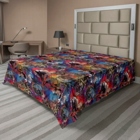 Ambesonne Garden Scene Flat Bedding Sheet Soft Top Sheet, Boho Floral Vintage, Queen, Pale Sky Blue Dark Coral