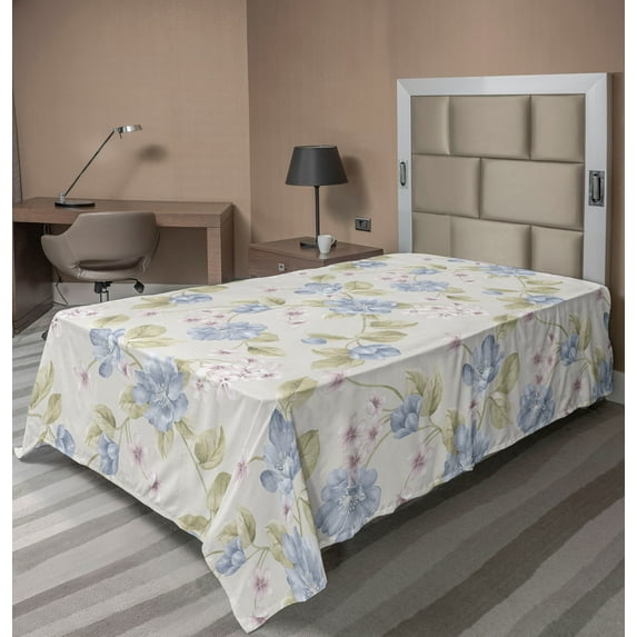 Ambesonne Garden Scene Flat Bedding Sheet Soft Top Sheet, Botany Art Cottagecore, Twin XL, Pistachio Green and Cream