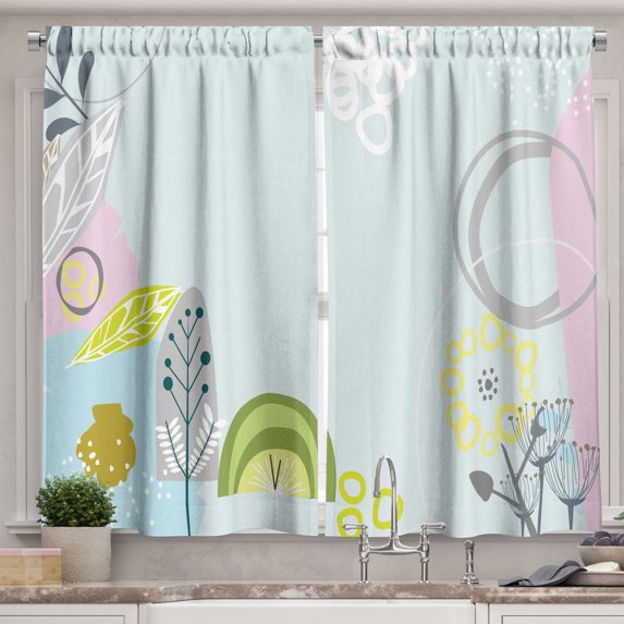 Ambesonne Garden Scene Kitchen Curtains, Circles Dots Flower, 55"x36", Lime Green Soft Pink