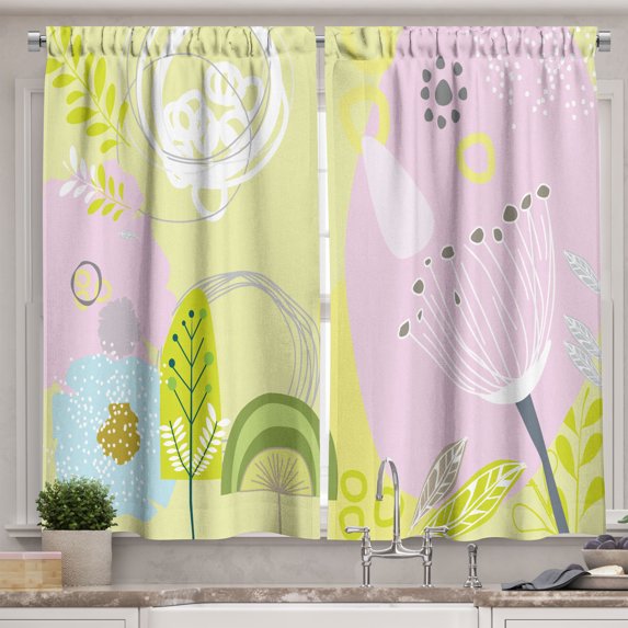 Ambesonne Garden Scene Kitchen Curtains, Flowers Leaves Dots, 55"x24", Pale Mauve and Green
