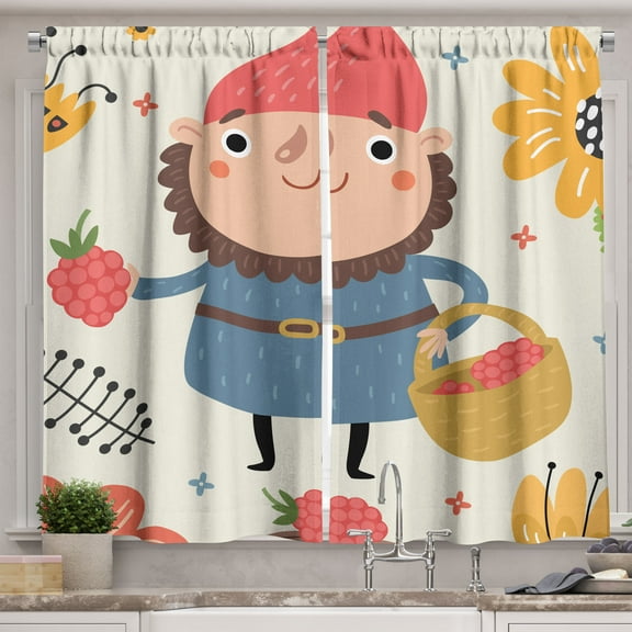 Ambesonne Garden Scene Kitchen Curtains, Nostalgic Gnome Print, 55"x30", Marigold Peach and Blue Grey