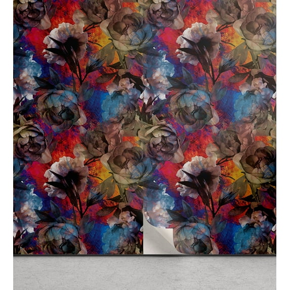 Ambesonne, Garden Scene Peel & Stick Wallpaper for Home, Boho Floral Vintage, 13"x36", Pale Sky Blue Dark Coral